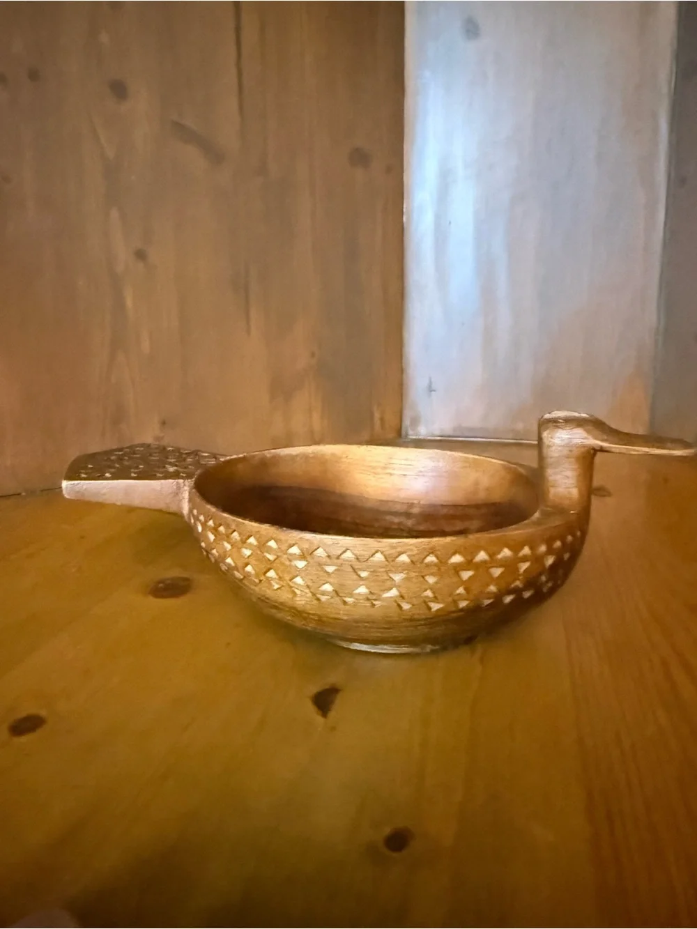 Vintage Hand Carved Wooden Duck Bowl Scandinavian Folk Art Kåsa Mid Century